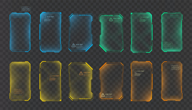 Set of rectangular sci-fi interface frames with backlight for HUD design. Used in UI, games and techno animation.
