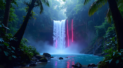 A waterfall of neon light in a jungle