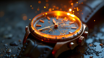 A wristwatch cracking and leaking glowing time