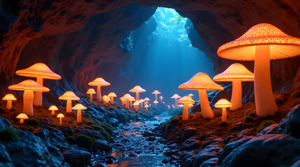 An underground cavern of glowing mushrooms