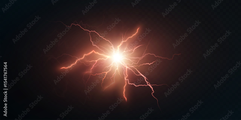 Aufkleber Powerful flash with electric discharges on a dark background. Light explosion with energetic lightning and dynamics of a high-voltage pulse. Vector