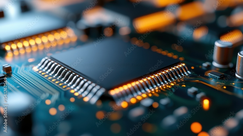 Poster an intricate close-up view of a computer circuit board reveals its complex patterns, representing mo