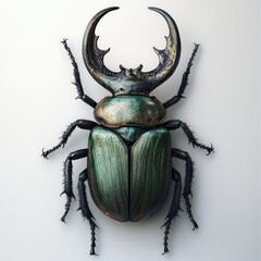 Detailed close-up of a  beetle, showcasing iridescent green and bronze hues.  Large, ornate horns curve upward from its head.  Sharp, spiky legs and segmented body are visible.  High-quality rendering