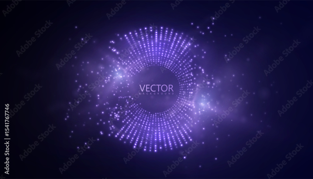 Fototapete Futuristic circle of glowing dots with depth effect and purple glow. Visualization of digital pulse in purple glow.