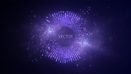 Futuristic circle of glowing dots with depth effect and purple glow. Visualization of digital pulse in purple glow.