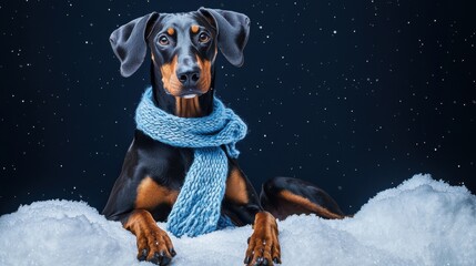 Majestic Doberman Pinscher in Snowy Wonderland: A Serene Winter Portrait of Canine Elegance and Loyalty. This captivating image showcases a Doberman Pinscher, adorned in a cozy blu