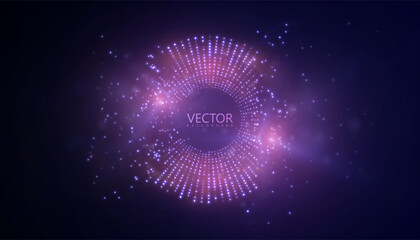 Bright radial structure made of luminous digital dots with particle dispersion on dark tech background. Suitable for futuristic dashboards, visual data interfaces, and cyber concepts.

