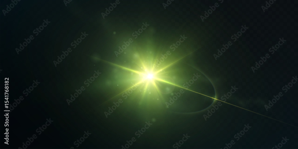 Poster Glowing green beam with glow and flash on dark background. Abstract energy effect in sci-fi style, creating an atmosphere of tension and power.