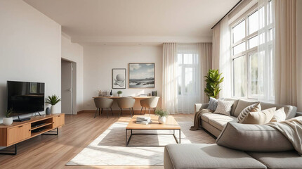 Fototapeta premium Modern Apartment Living Room Design with Large Window and Natural Light