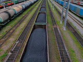 multitude coal wagons fill railway tracks in an industrial zone, highlighting bustling...