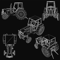 Detailed tractors in a set, each with unique design and bright colors, isolated on a black background for high contrast. The illustration highlights distinct features like wheels, cabins