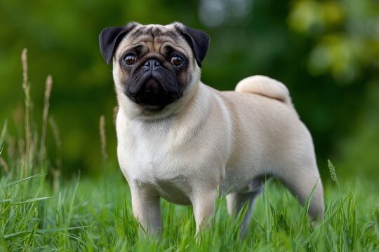 A tan pug with a black face stands in green grass against a blurry green backdrop