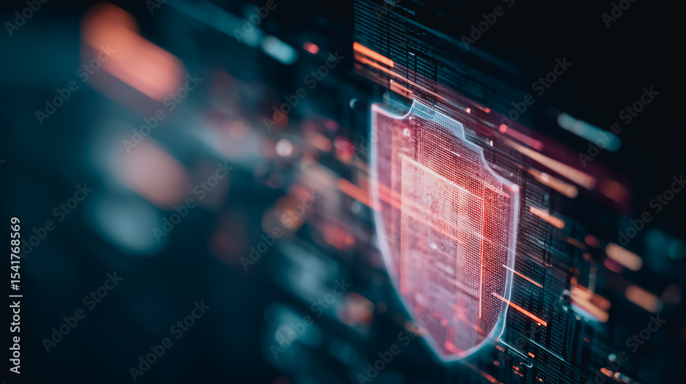 Poster digital fortress: an abstract display of cybersecurity, with a digitally rendered shield at the fore