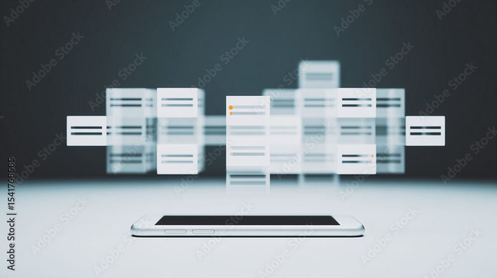Poster data flow visualization: a smartphone display showcasing a 3d data flow diagram, highlighting the in