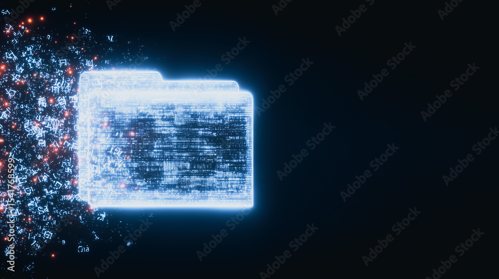Poster digital data folder: abstract glowing digital folder icon with data particles exploding from its sid