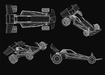 A sleek 3D wireframe race car model stands out against a black background, showcasing intricate design details. The toy car set features realistic rendering with a futuristic aesthetic.