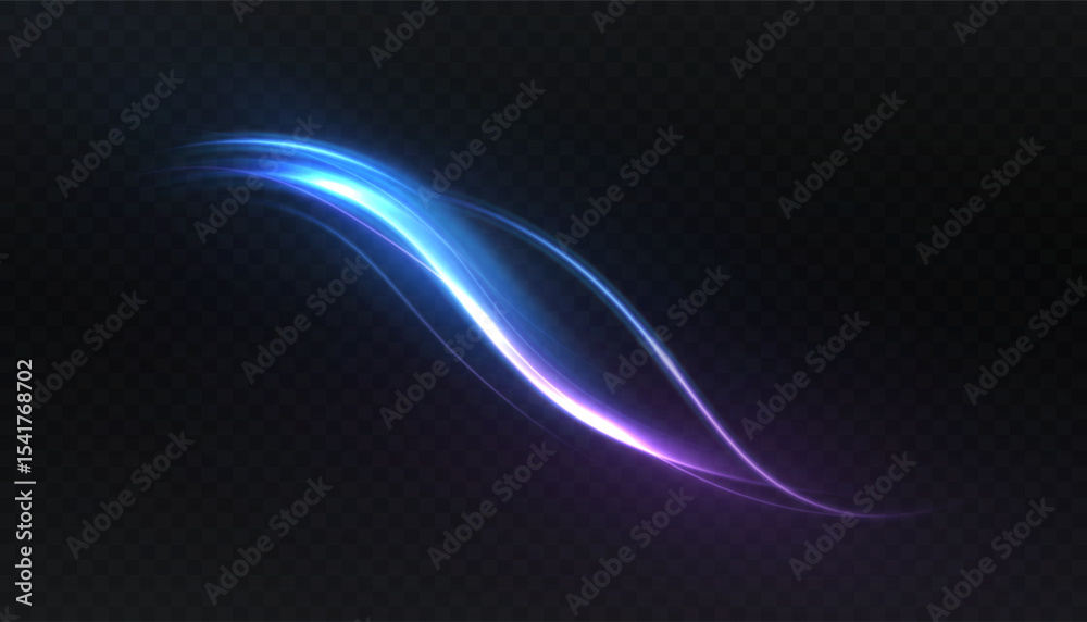 Aufkleber Smooth vector light pulsating wave in blue and purple tones with dynamic glow and soft fading effect. Elegant motion stripe curve on dark background for sci-fi interfaces or energy visuals.