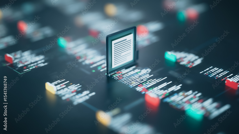 Poster data stream and document: a miniature document icon rests atop a complex network of data streams, sy