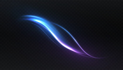 Smooth vector light pulsating wave in blue and purple tones with dynamic glow and soft fading effect. Elegant motion stripe curve on dark background for sci-fi interfaces or energy visuals.