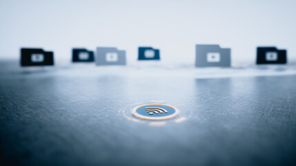 Data Access: A conceptual image shows an illuminated fingerprint icon in the center, symbolizing secure data access, with several folder icons in the background.