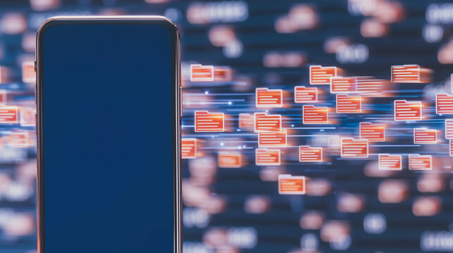 Smartphone Data Transfer: A sleek smartphone in the foreground, seamlessly connects with a complex network of digital files, representing the essence of data transfer and digital connectivity.  - Powered by Adobe