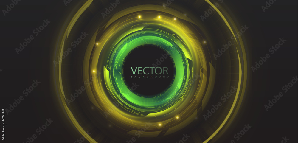 Poster Bright tech circle with green-yellow glow, depth effect and abstract lines. Vector background for interfaces, presentations and tech designs.