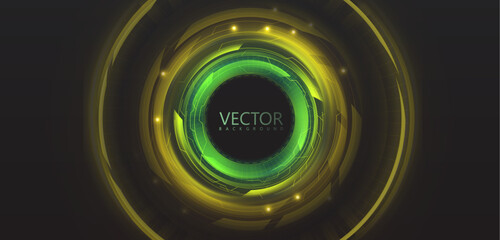 Bright tech circle with green-yellow glow, depth effect and abstract lines. Vector background for interfaces, presentations and tech designs.
