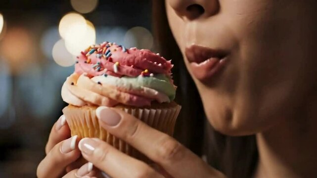 Woman holding a colorful cupcake with sprinkles and frosting near her mouth ready to eat it soon