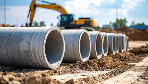 Large concrete drainage pipes on construction site indicating infrastructure development, urban planning, civil engineering and environmental management efforts