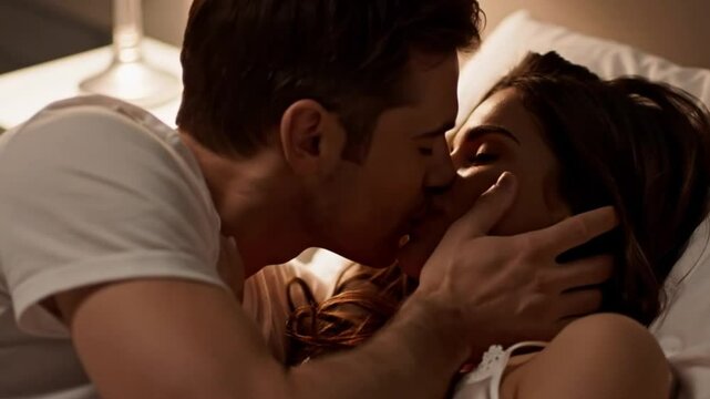 Romantic couple sharing a gentle kiss in bed, wrapped in soft sheets and morning light, perfect for love, intimacy, and lifestyle visuals.