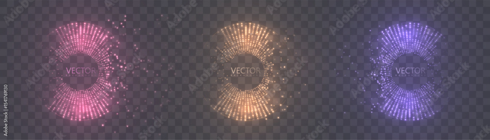 Aufkleber Three luminous particle rings in digital style with glowing dots and vibrant hues on dark transparent background. Great for sci-fi HUD, tech interfaces, or virtual visualizations.


