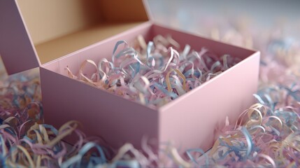 Fototapeta premium Pink Gift Box Filled with Pastel Shredded Paper Perfect for Presents and Packaging Design