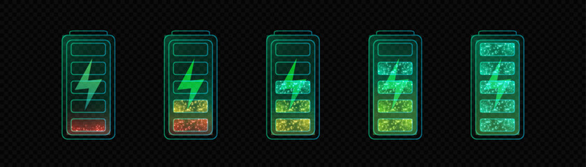 Colorful battery level icons with shimmering particles. Smooth gradient from red to green, reflecting the energy level.