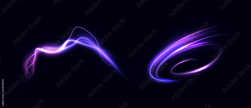Poster Dynamic purple light swirls and glowing wave shapes on dark backdrop. Suitable for sci-fi motion design, digital speed effects, and energy interface highlights.

