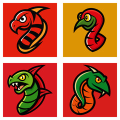 Fototapeta premium Collection of cartoon snake illustrations with varied colors and expressions in square frames