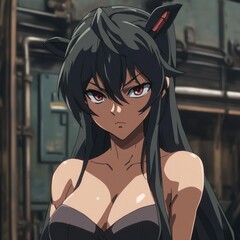 Close-up of a dark-haired anime girl with intense expression, wearing a dark outfit, and cat ears. Industrial background