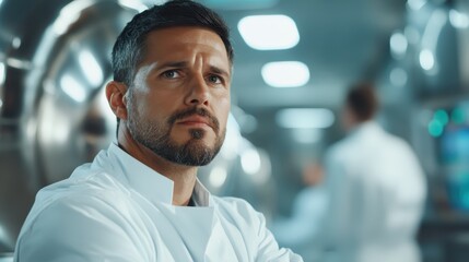Obraz premium This image captures a serious male in a modern laboratory environment, showcasing determination and focus as he contemplates scientific challenges and innovations.