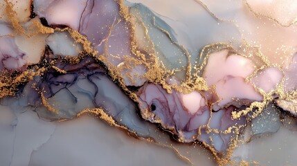 Elegant Marble and Geode Fluid Art with Soft Lavender, Pink, and Metallic Gold