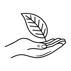 Hand Holding Single Green Leaf Outline Illustration