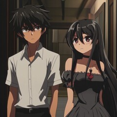 Two anime characters, a boy and a girl, stand in a hallway