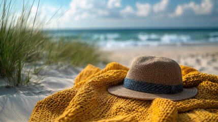 Cozy Coastal Charm: Relaxing Beach Escape with Sun Hat and Blanket