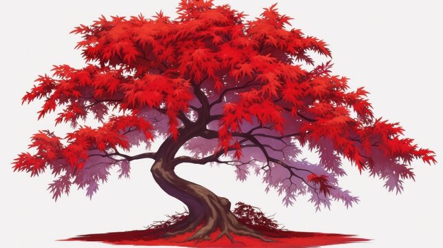 Vibrant Red Maple Tree with Twisted Trunk and Shadow Reflection