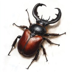 Detailed illustration of a large, reddish-brown beetle with elaborate antennae and wings
