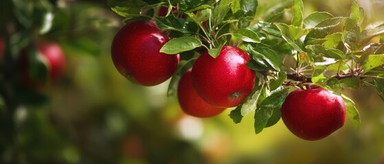 Obraz premium The vibrant red apples hanging from a lush green branch in sunlight.
