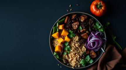 Fototapeta premium Vegan Food Bowl with Quinoa Mushrooms Pumpkin Onion