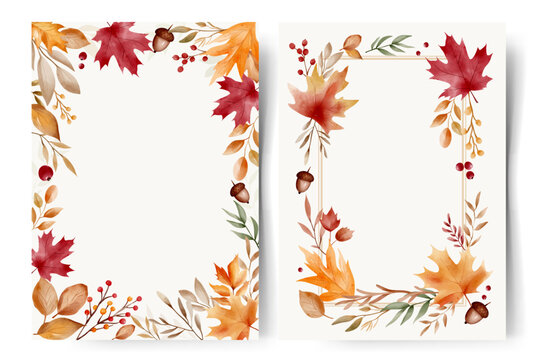 Watercolor autumn leaves frames with text space. Hand painted fall border for cards and invitations