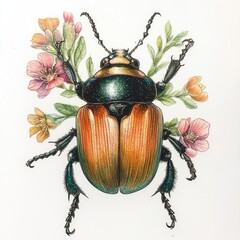 Detailed illustration of a beetle, adorned with delicate wildflowers.  The beetle is a rich copper-orange with dark greenish-blue accents, and intricate shading.  Small, light-colored flowers