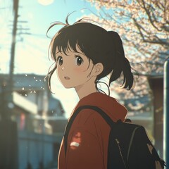 A young girl, head-turned, gazes into the distance, outdoors.  Soft light, cherry blossoms, and a backpack suggest spring.  Anime style