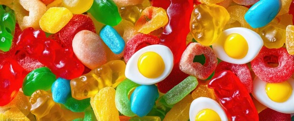 The colorful assortment of gummy candies and sweet treats for delightful indulgence.