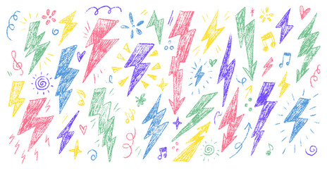 Colorful Crayon Lightning Drawings with Symbols and Notes in Vector Style